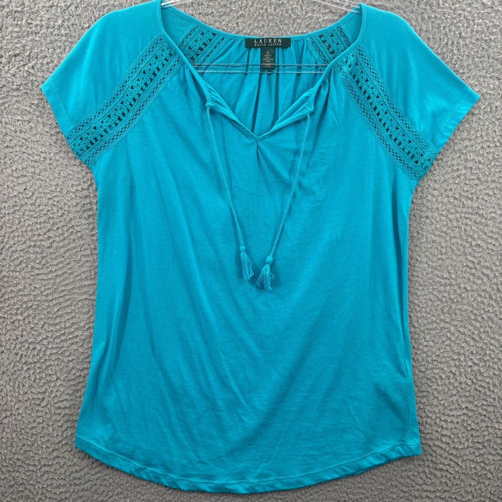 Ralph Lauren Top Womens M Teal Blue‎ Crochet Lace Trim Tassel Tie V-Neck Shirt